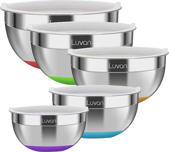 304 Roestvrij Staal Mengkommen met Deksels, Brede Rand om Makkelijk te Grijpen en Schenken, Extra Diep voor Genereuze Servings, Stapelbaar voor Eenvoudig Opslag, Veelzijdig Toepasbaar in Keuken, Set of 5