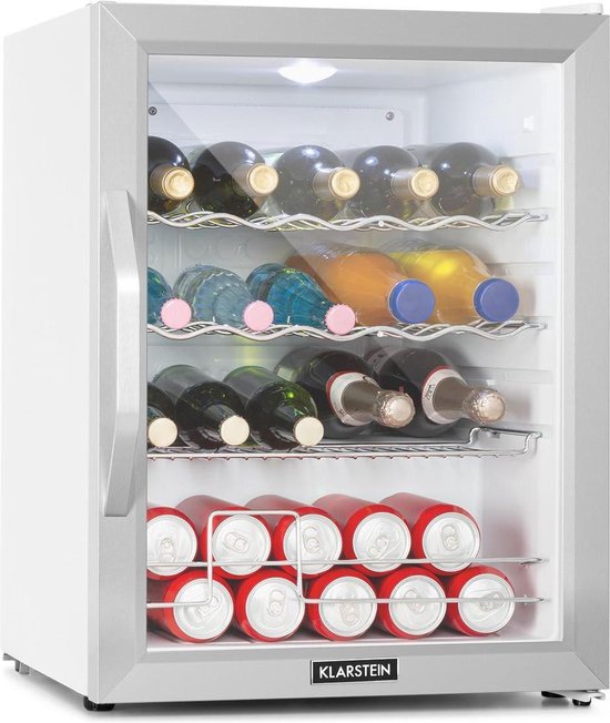 Klarstein Beersafe XL Crystal White - Mini Koelkast 60 Liter - 4 Plateaus - Glazen Panoramadeur - Instelbare Temperatuur - 5 Standen - Sneeuwwitte Binnenkant - Roestvrijstalen Front En Handvat - Thermo-Elektrisch Koelsysteem - Roestvrij Staal