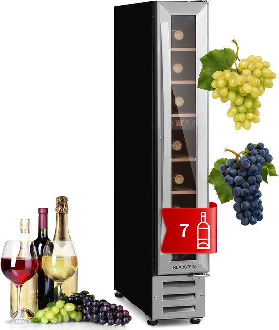 Klarstein Vinovilla 7 Built-In Uno Inbouw - Wijnkoelkast - 20 Liter / 7 Flessen - 1 Koelzone - Touch Paneel - Glas & Edelstaal - Zilver