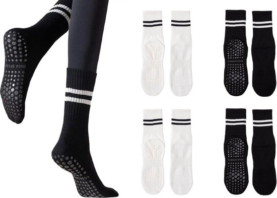 4 Paar - Dames Meisjes Antislip Sokken - Yoga Sport sokken - Zwart Wit Roze - Maat 35-38