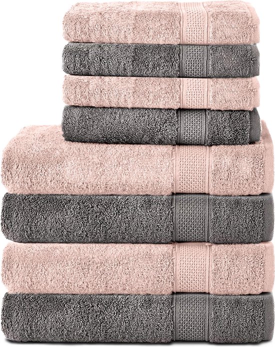 Komfortec Handdoekenset 4x badhanddoek 70x140 cm + 4x handdoek 50x100 cm - 100% Katoen - Antraciet&Roza