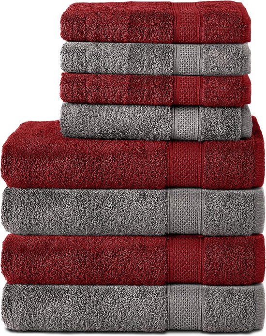 Komfortec Handdoekenset 4x badhanddoek 70x140 cm + 4x handdoek 50x100 cm - 100% Katoen - Antraciet&Rood