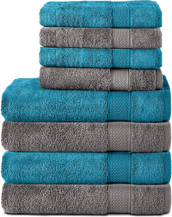 Komfortec Handdoekenset 4x Badhanddoek 70x140 cm en 4x Handdoek 50x100 cm - 100% Katoen - Turquoise&Antraciet