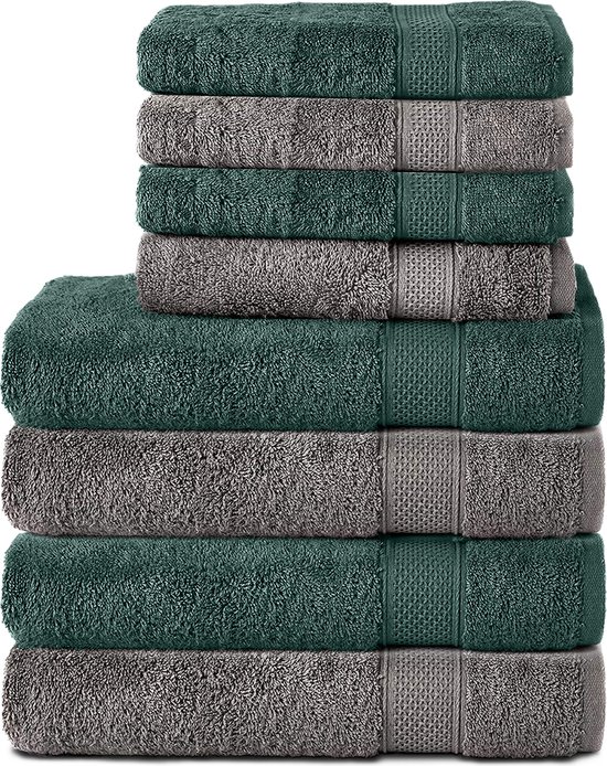 Komfortec Handdoekenset 4x badhanddoek 50x100 cm + 4x handdoek 70x140 cm - 100% Katoen - Antracietgrijs&Donkergroen