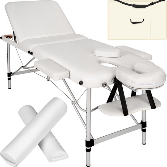 tectake® - 3 Zones massagetafel wit met rolkussens en tas - 404635