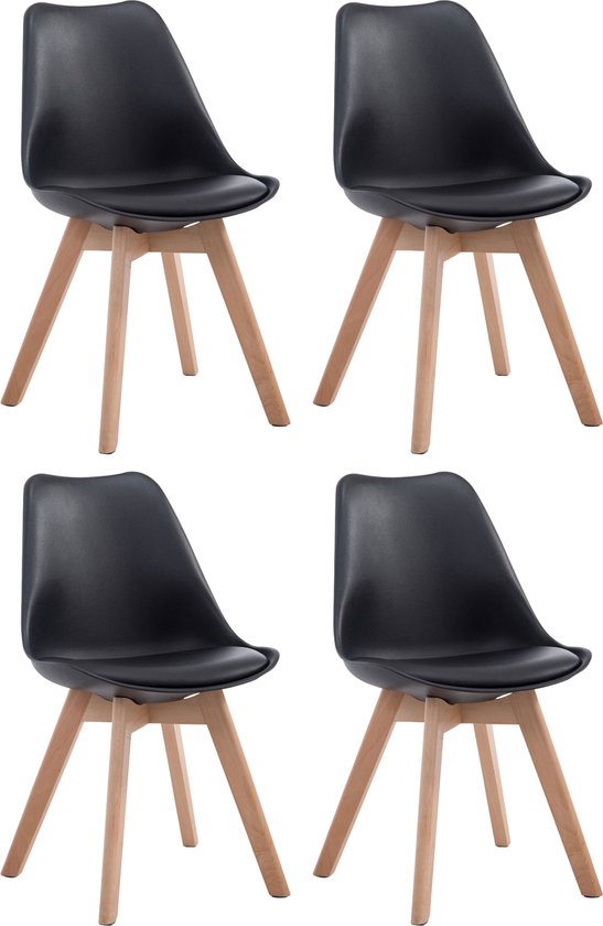 CLP Borneo Set van 4 eetkamerstoelen - Zonder armleuning - Hout frame - Kunstleer - zwart natura