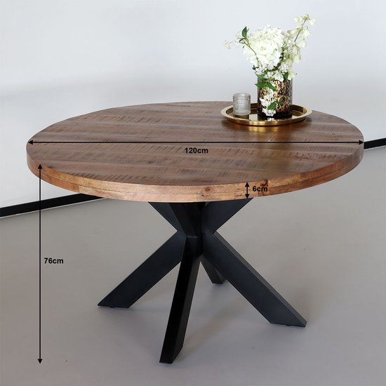 Eettafel rond mangohout 120cm Jones bruin ronde industriële eettafel - Black Friday Deal