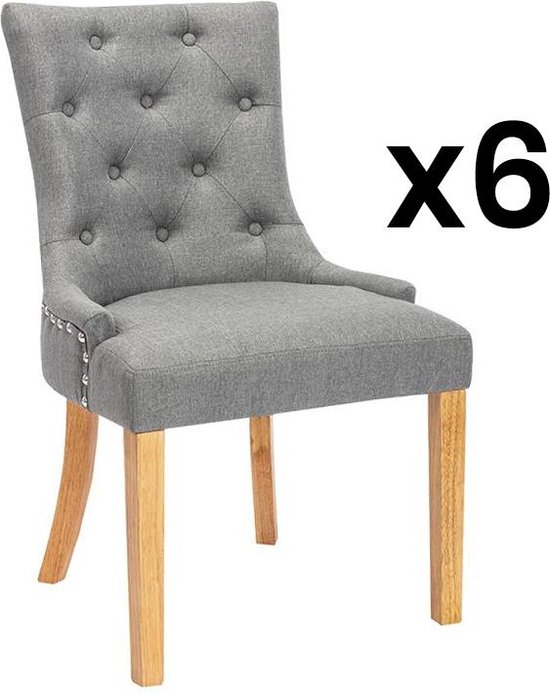 Set van 6 stoelen JOLIA - Stof en houten poten - Grijs L 56 cm x H 91 cm x D 63 cm