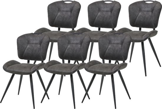 WAYS. – Moderne Matstoffen eetkamerstoelen – Grijs – Met handige rug hendel – Houten poten – 6 stuks