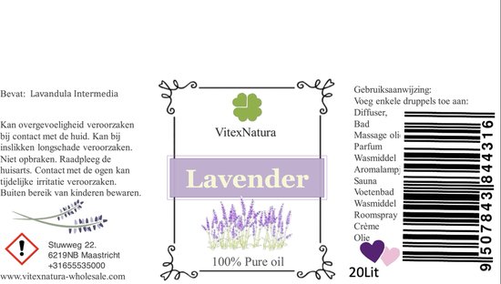 Lavendel olie 100% Pure Etherische Olie | 20 Lit | Reinigend kalmerend | Helpt tegen slapeloosheid | Merk VitexNatura