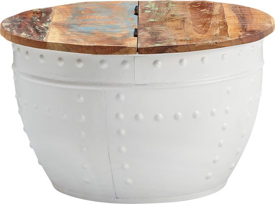 Rootz Industriële Ronde Salontafel - Mangohout en Metaal - Wit - Design Woonkamertafel met Opbergruimte - Moderne Lounge Sofa Tafel - 60x36x60 cm
