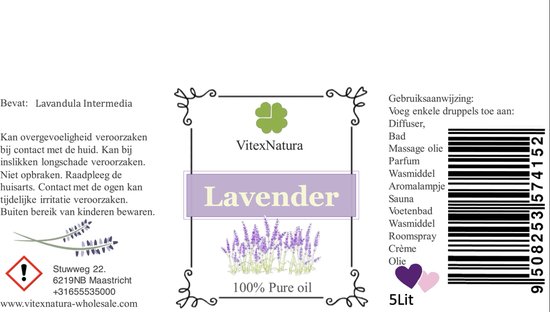 Lavendel olie 100% Pure Etherische Olie | 5 Lit | Reinigend kalmerend | Helpt tegen slapeloosheid | Merk VitexNatura