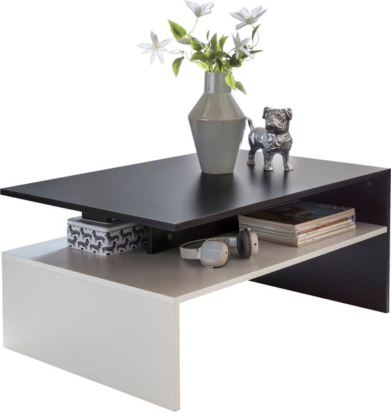 Rootz Salontafel - Zwart/Wit - Moderne Tweedelige Woonkamer Salontafel met Opbergruimte - Grote en Hoge Lounge Tafel - 90 x 43 x 60 cm