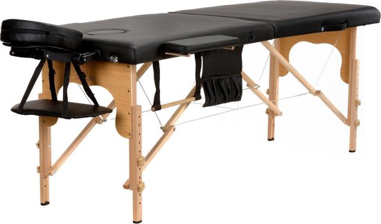 Houten massagetafel - 2 verstelbare segmenten - zwart ECO-leer - 216 cm lang