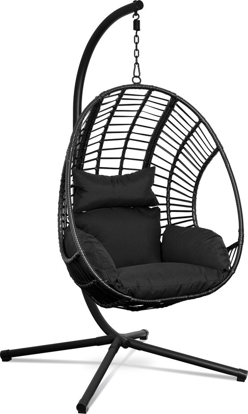 Swoods XXL Egg Hangstoel – Hangstoel met standaard – Voor Binnen en Buiten – Incl. Zitkussen, Zijkussen, Rugkussen en Nekkussen – Egg Chair – Cocoon – Ei Stoel – tot 150kg – Zwart