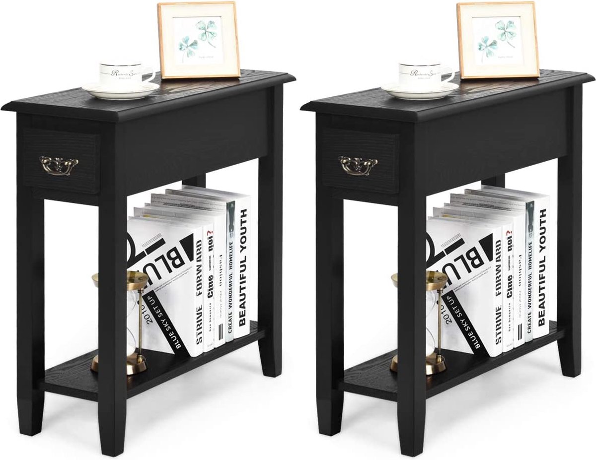 Bijzettafel set van 2, 2 laags bijzettafel met opberglade en onderste plank, smal nachtkastje met stevige rubberen houten poten voor kleine ruimte in slaapkamer, woonkamer, ingang (Zwart)