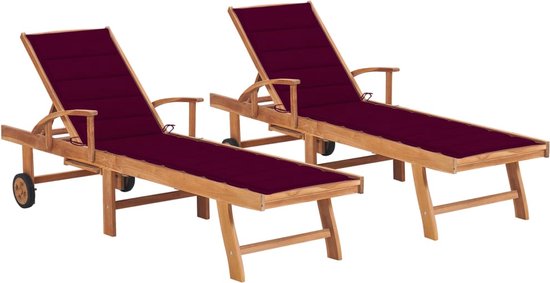 The Living Store Ligbed Teakhouten Loungebed - 195x59.5 cm - Incl - Kussen - Verstelbare Rugleuning - 2 Wielen