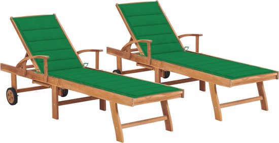 vidaXL-Ligbedden-2-st-met-groene-kussens-massief-teakhout