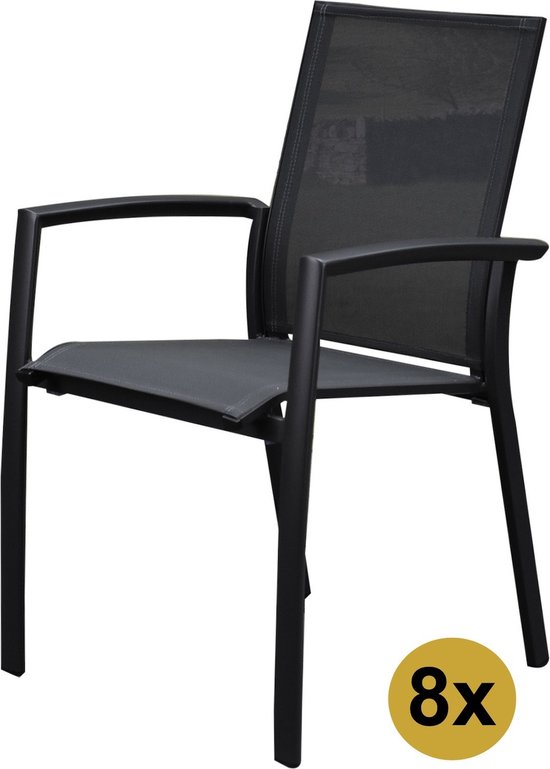 Set van 8 Malaga stapelbare tuinstoelen antraciet aluminium textileen