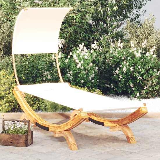 The Living Store Tuinbed met luifel - Massief gebogen hout - Liggedeelte met kussen - Crème - 100 x 200 x 126 cm