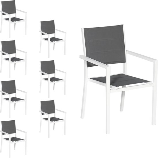 Set van 8 met wit aluminium beklede stoelen - grijs textilene