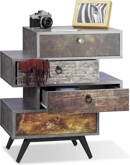 relaxdays vintage dressoir met 4 lades - betonnen look - ladekast met motief - commode