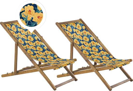 ANZIO - Strandstoel set van 2 - Lichthout/Geel/Bloemen - Polyester