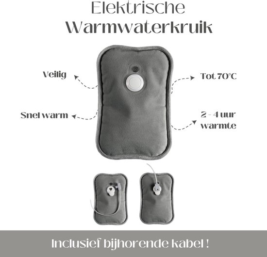 Giftdecor – Elektrische Warmwaterkruik – Kruik - Oplaadbaar – Grijs - 400W - 27x17 cm