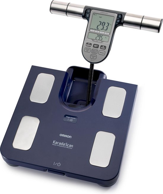 OMRON BF511 Slimme Weegschaal met Lichaamsanalyze en Vetpercentage 8 Sensoren voor Beide Handen en Voeten voor Volledige Bio-Elektrische Impedantie Analyze (BIA) - Smart Personenweegschaal Digitaal - Smart Scale - Klinisch Gevalideerd – Blauw