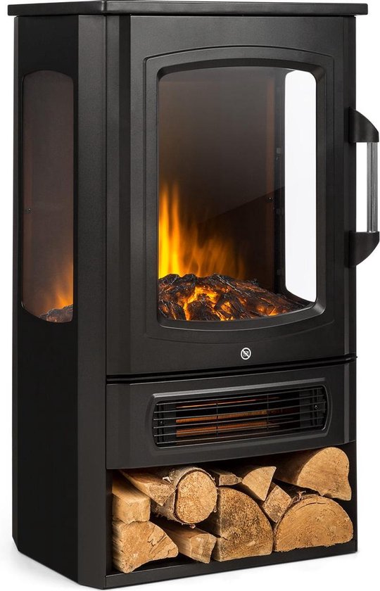 Klarstein Bormio Sfeerhaard Elektrisch - Elektrische Kachel Met Vlammen Effect En Houtopslag - Vrijstaand - Haard Met Afstandsbediening - 2 Warmtestanden - 2000 W - Zwart