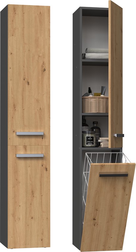 Badkamermeubel-Badkamerkast – Wandkast – Kolomkast – Hoog – Met wasmand – Antraciet- Eiken Kleur
