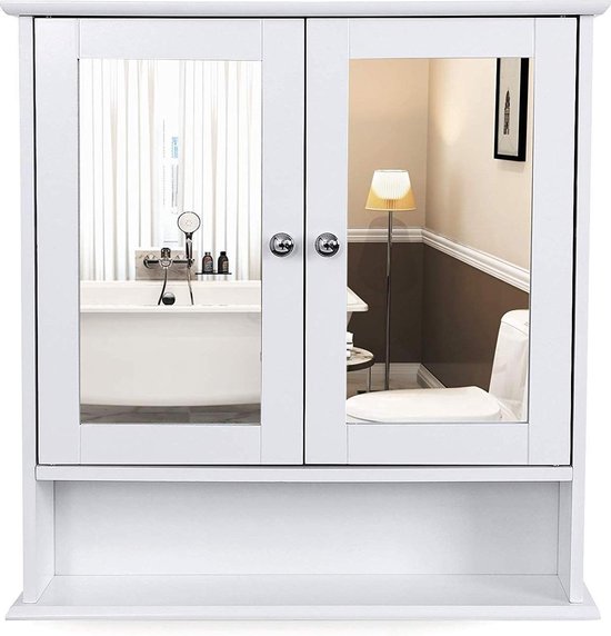 ACAZA Badkamerkastje met Twee Spiegels als Deuren - Inclusief Open Plankje - 56x13x58cm - Wit