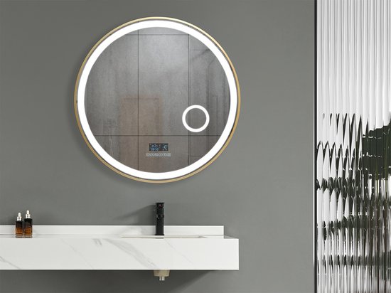 Mawialux LED Badkamerspiegel - 80cm - Rond - Mat goud rand - Make up vergroting spiegel - Verwarming - Digitale klok - Bluetooth - Josh