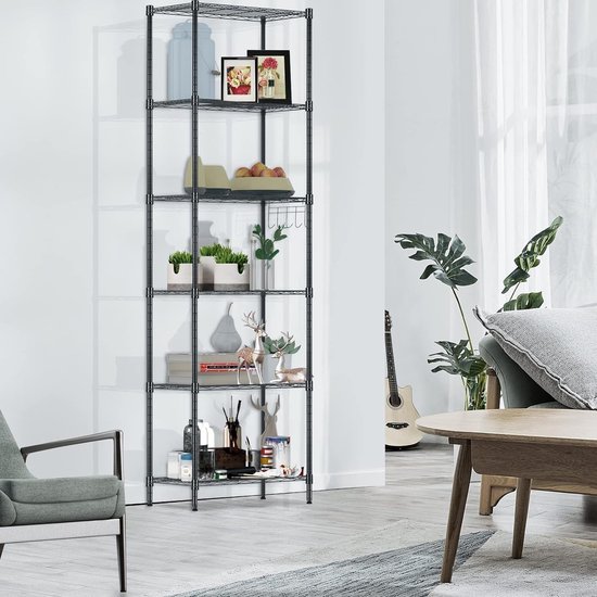 Plank, bergruimte, badkamerrek, hoge smalle staande planken, opbergrek, 6 planken, keukenrek, metalen rek, verstelbare planken, draadmand, 54 x 29 x 160 cm, zwart