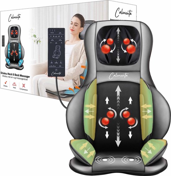 CALMENTA® Shiatsu Massagestoel – Gratis Opbergtas - Rugmassage en Nekmassage apparaat - Massagekussen - Compressiemassage – Elektrisch Warmtefunctie - Vibratie - Rugpijn en Nekpijn