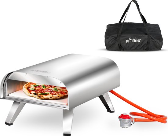 BIGHORN Gas Pizzaoven voor Buiten - Pizza Gourmet - Barbecue - Edelstaal - 30.5cm pizzasteen -temperatuurweergave tot 460 ° C - met Draagtas
