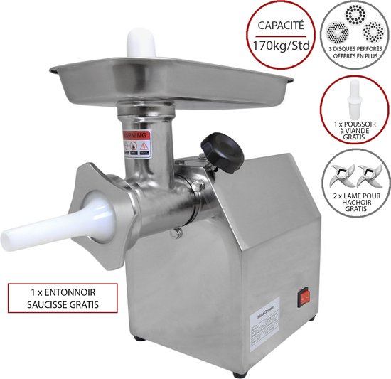 Roestvrijstalen Vleesmolen 850 W - commercieel gebruik - slager worstenmaker gehaktmolen - 170 kg/per uur - 220 V - GRATIS accesoires
