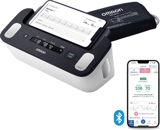 OMRON COMPLETE – Smart Bloeddrukmeter Bovenarm – Aanbevolen door Hartstichting - ECG Monitor - Klinisch Gevalideerd - met Mobiele App – XL Scherm Display - 22 tot 42 cm Manchet – 5 jaar Garantie – Bloeddrukmeter, Hartslagmeter, ECG-meter in één