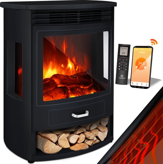 KESSER® Sfeerhaard Elektrische Haard met Ventilatorkachel & Afstandsbediening WiFi App 950/1900 W LED Vlam Effect Elektrische Verwarming met Thermostaat Panorama Kijkvenster Verwarmingsfunctie Timer - Groot, Zwart
