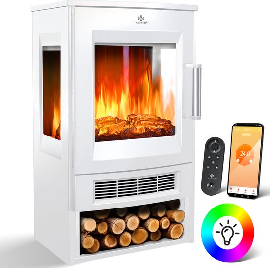 KESSER® Sfeerhaard Elektrische Haard met Ventilatorkachel, Thermostaat & WiFi, APP, Afstandsbediening - Elektrische Verwarming Heater met 2 Warmte Standen 900/1800W Elektrische Kachel , LED Vlam Effect 9 Kleur Modi, Timer - Wit