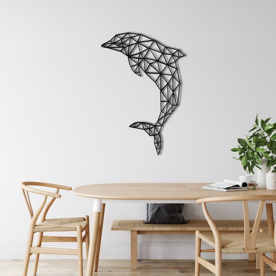 Wanddecoratie |Geometrische Dolfijn / Geometric Dolphin| Metal - Wall Art | Muurdecoratie | Woonkamer |Zwart| 75x53cm
