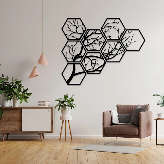 Unieke Handgemaakte Levensboom, Wanddecoratie, Kunst met 3D effect, Zeshoek 8 stuks, 80 x 99 cm Zwart
