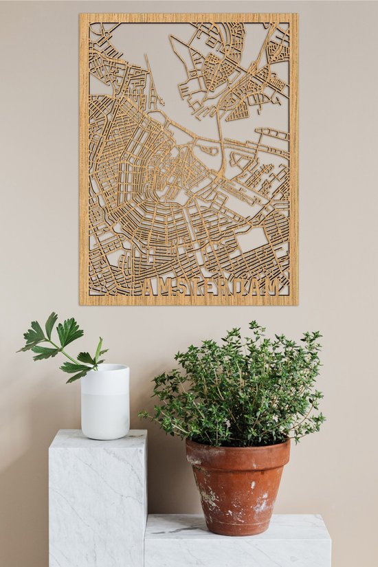 Houten Stadskaart Amsterdam Eikenhout 100x75cm Wanddecoratie Voor Aan De Muur City Shapes