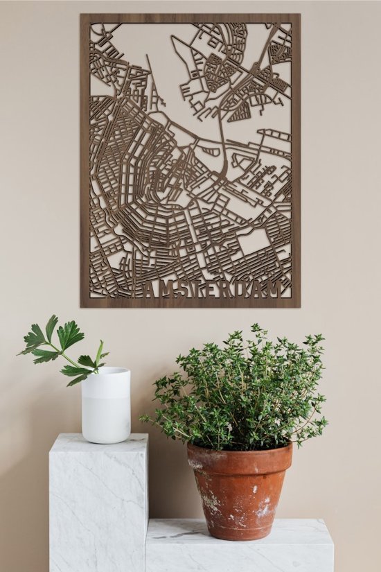 Houten Stadskaart Amsterdam Notenhout 100x75cm Wanddecoratie Voor Aan De Muur City Shapes