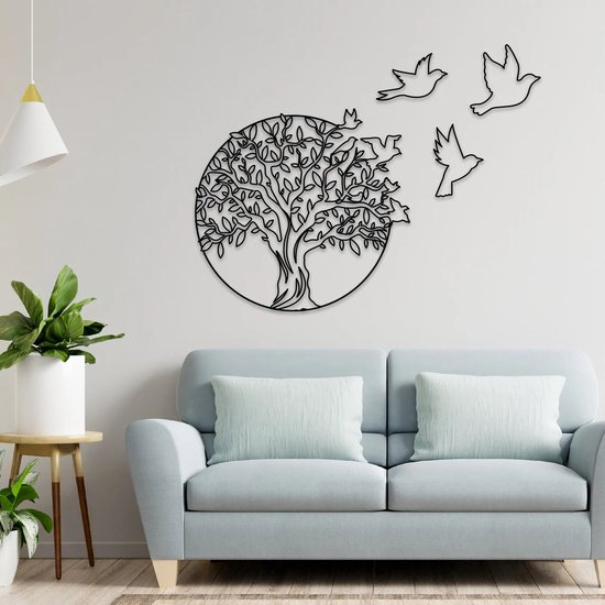 Prachtige handgemaakte levensboom met losse vogels smalle variant! 70x70cm Zwart
