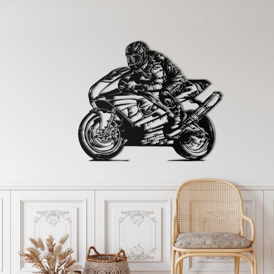 Wanddecoratie | Motorrace / Motorcycle Race| Metal - Wall Art | Muurdecoratie | Woonkamer | Buiten Decor |Zwart| 60x50cm