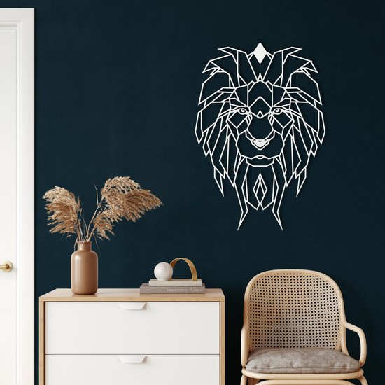 Wanddecoratie | Geometrische Leeuwenkop / Geometric Lion Head | Metal - Wall Art | Muurdecoratie | Woonkamer | Buiten Decor |Wit| 42x60cm
