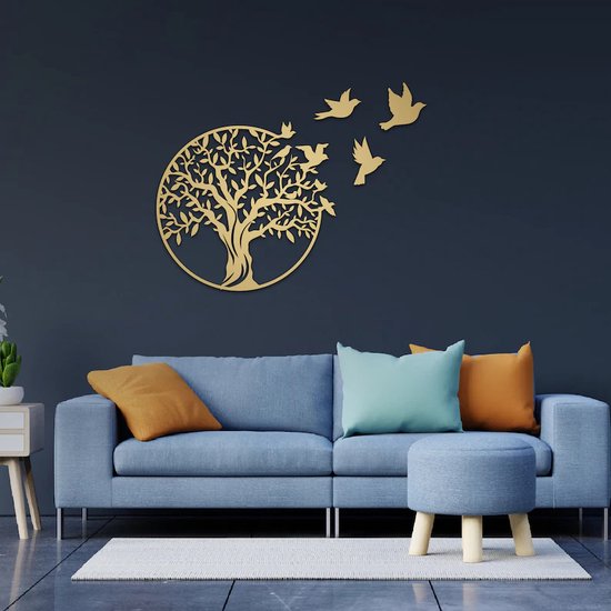 Prachtige Handgemaakte Levensboom met vogels en 3D effect 82x82 Goud