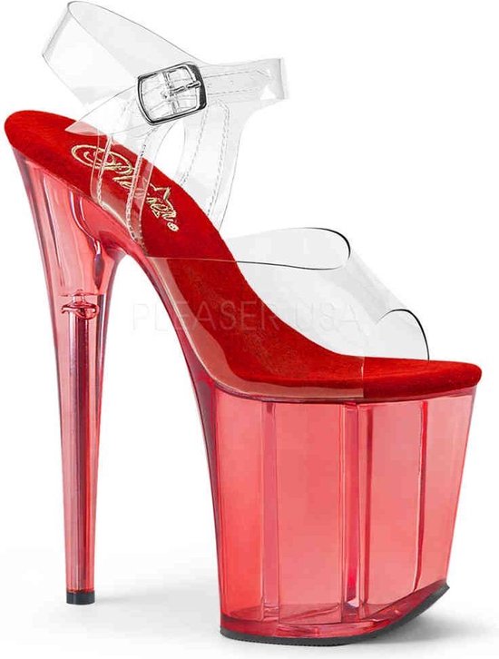 Pleaser - FLAMINGO808T Ankle strap sandal, Pole dance shoes - Paaldans schoenen - 38 Shoes - Rood/Transparant