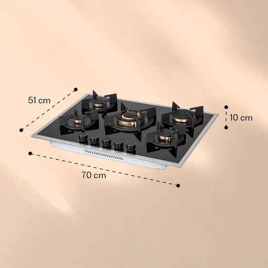 Klarstein Goldflame 5 Prime Gaskookplaat - 5-Pits - Autark - 70 Cm - Inbouw - Messing Branders - Aardgas/Propaangas - Veiligheidsventiel -Gietijzeren Pannendrager - Incl. Slang En Drukregelaar - Glaskeramiek Frame Roestvrij Staal - Praktisch - Zwart